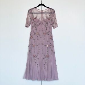 Adrianna Papell | Lilac purple beaded flower tulle cocktail midi dress | Size 6